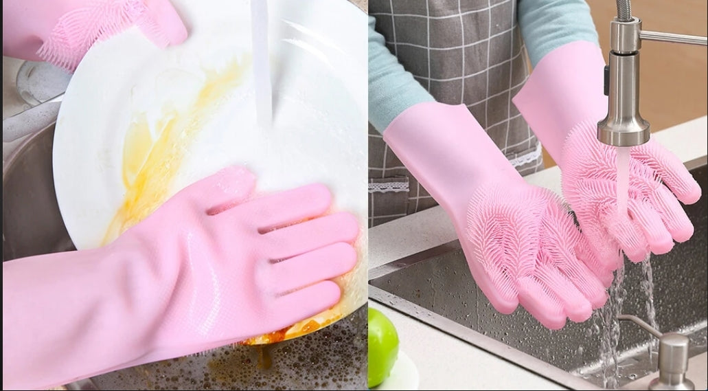 Silicone Reusable Dishwashing Pet Scrubber Sponge Rubber Gloves MultiUse for Kitchen, Bathroom, Pets Cleaning 1 Pair