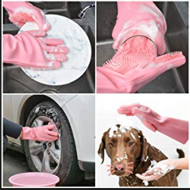 Silicone Reusable Dishwashing Pet Scrubber Sponge Rubber Gloves MultiUse for Kitchen, Bathroom, Pets Cleaning 1 Pair