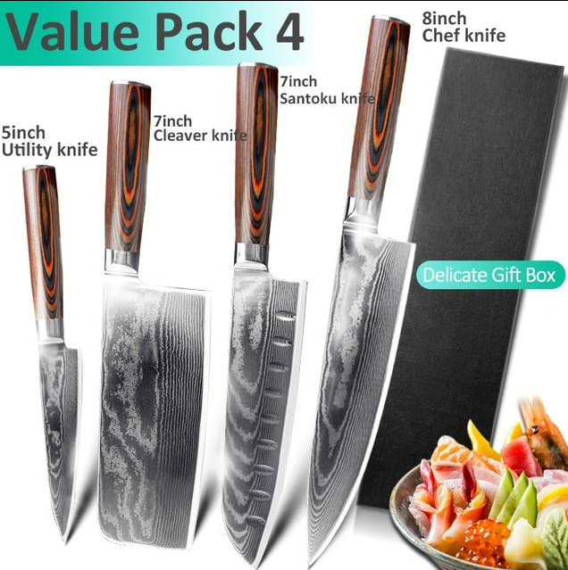 4 piece Damascus Knives set with Free Gift Stainless Steel Hand Guard Finger Protector